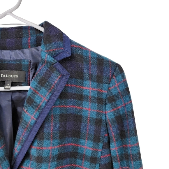 Talbots Women's Plaid Wool Blend Blazer Preppy Academia Green/Navy/ Multi- 4 - Picture 3 of 6